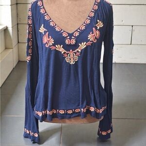 Boston Proper Navy Blouse with Coral Embroidery